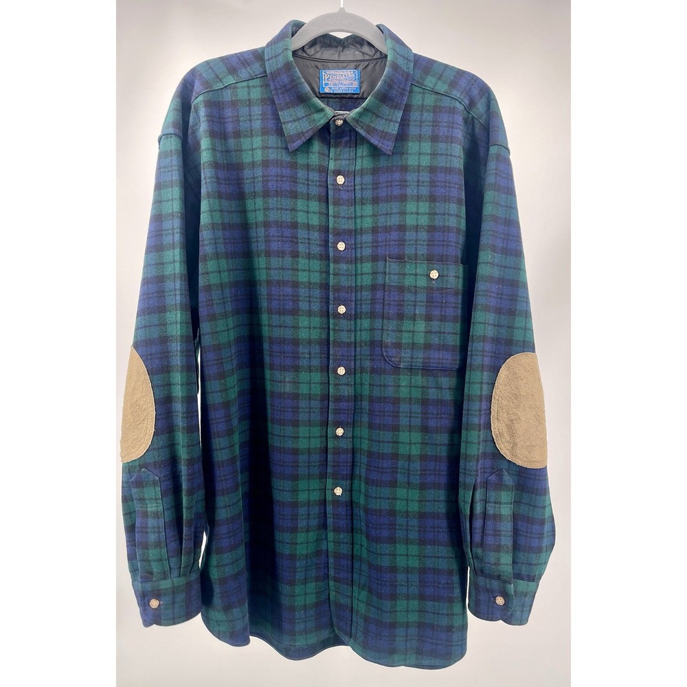 Vintage Pendleton Wool Shirt Mens XL Black Watch Tartan Elbow Patch USA